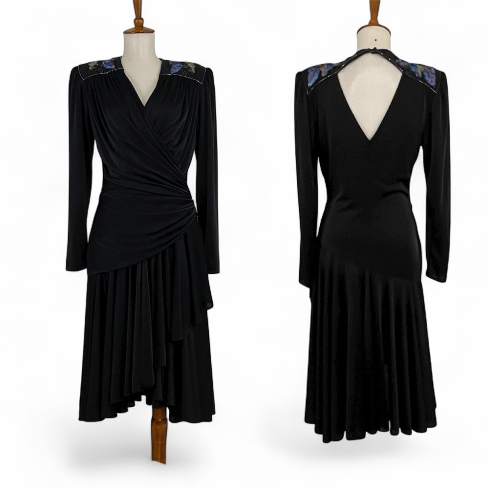 Vintage Sequin Shoulder Black Dress Women’s 6 Long Sleeve‎ V-Neck